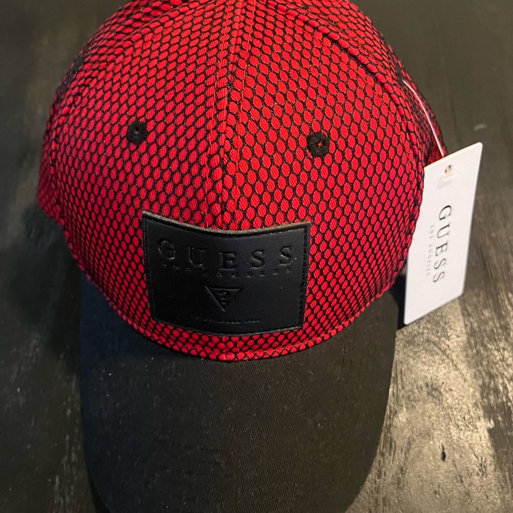 GUESS Red Mesh & Black Brim Logo Baseball Cap